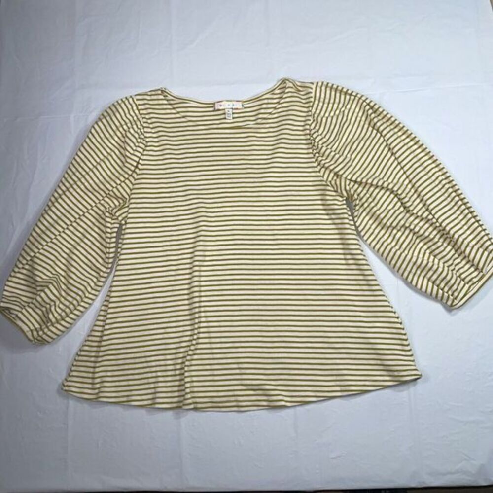 Eri‎ + Ali Top Womens  White Yellow Striped 3/4 Balloon Sleeve S Cotton Blend
